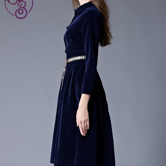 Blue Velvet Belted Dress  by Couer de Vague - Picture 5 of 5